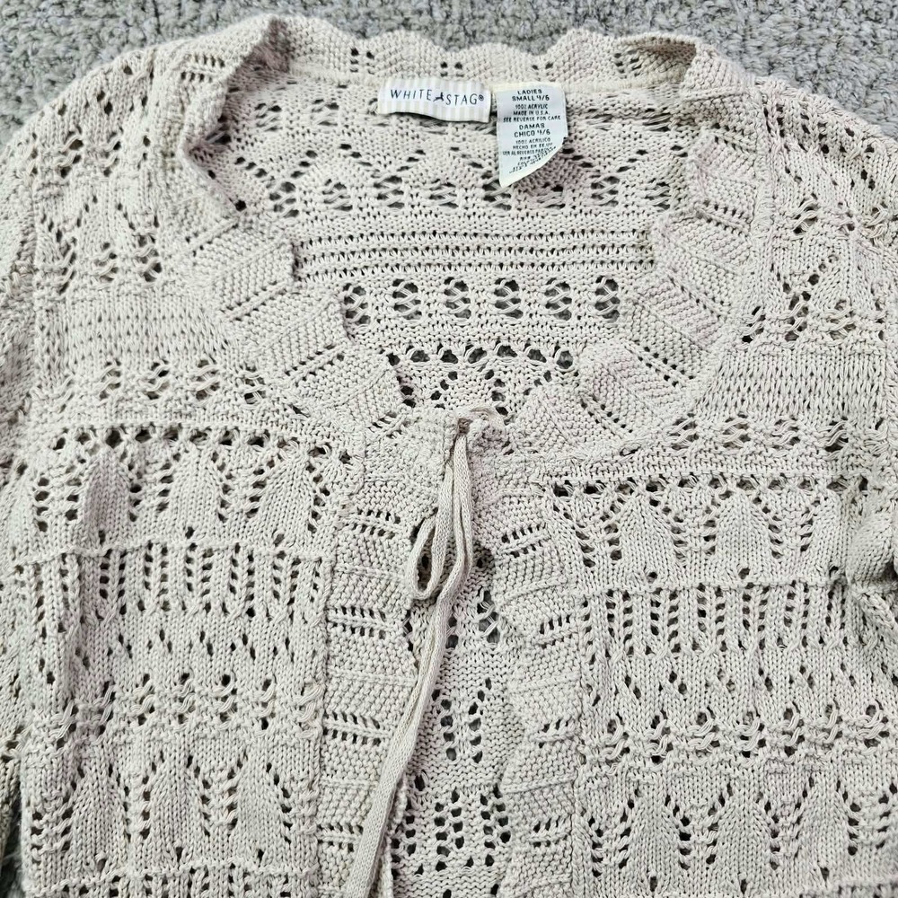 White Stag Stone Beige Pointelle Knit Tie Front Cardigan Scalloped Small 4/6